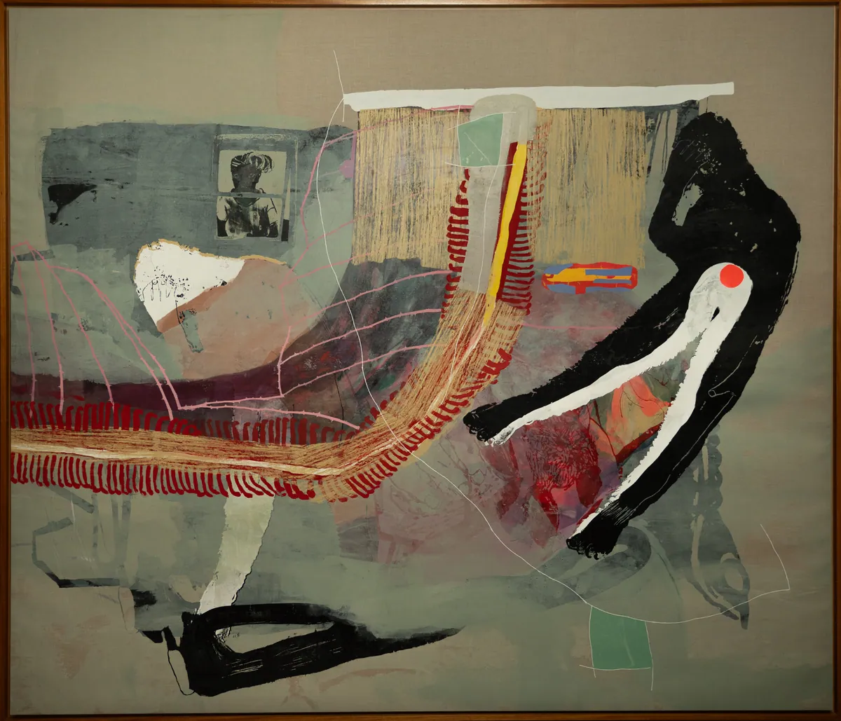 Full view of the framed serigraph on linen in muted greys and greens with a red accent