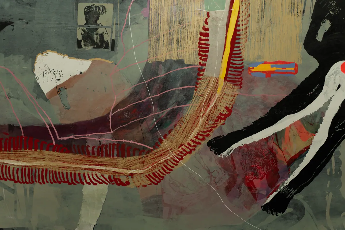 Detail of the layered printed surface and the arcing dark form