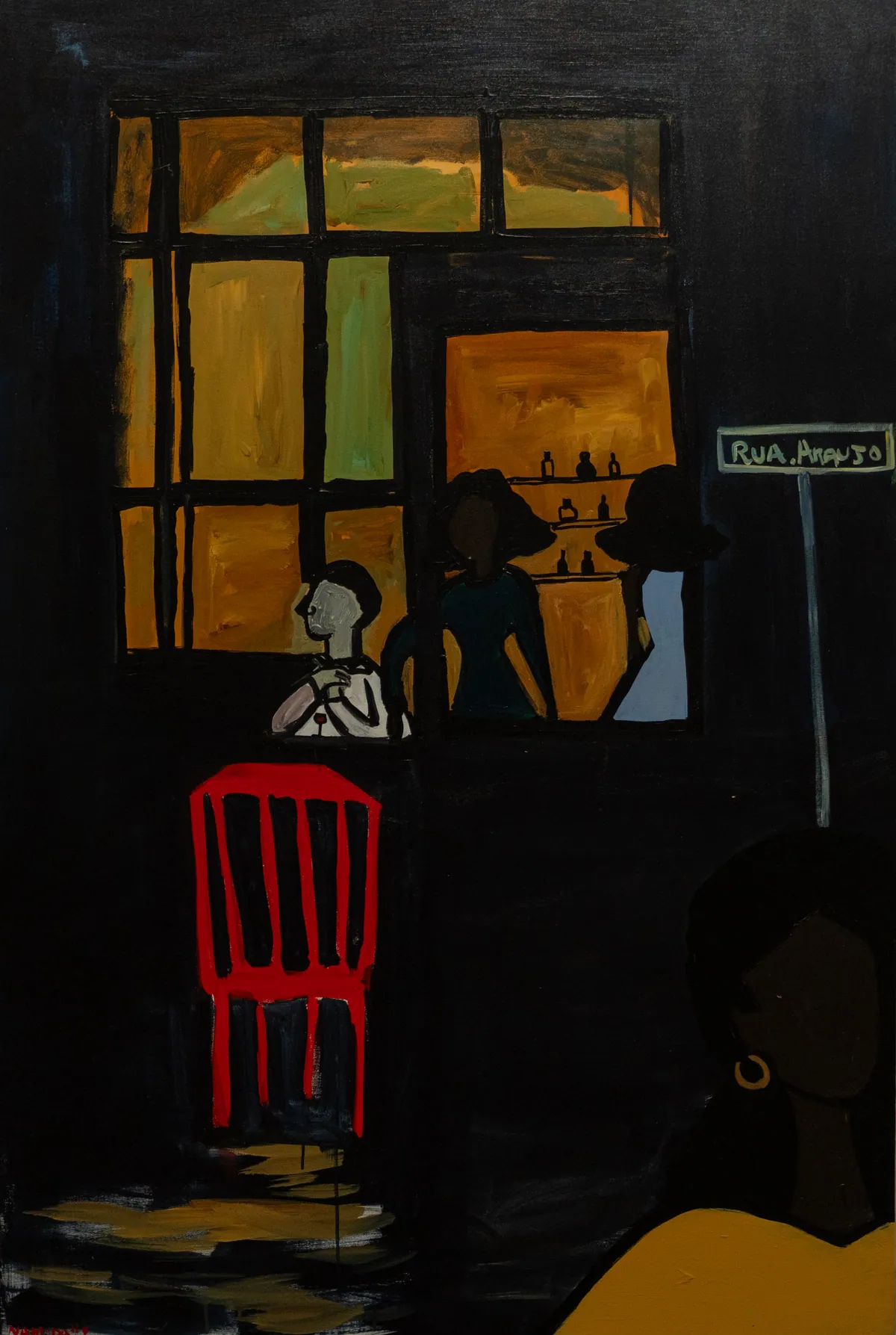 Full view: a night bar scene with amber windows, a red chair, and silhouetted figures