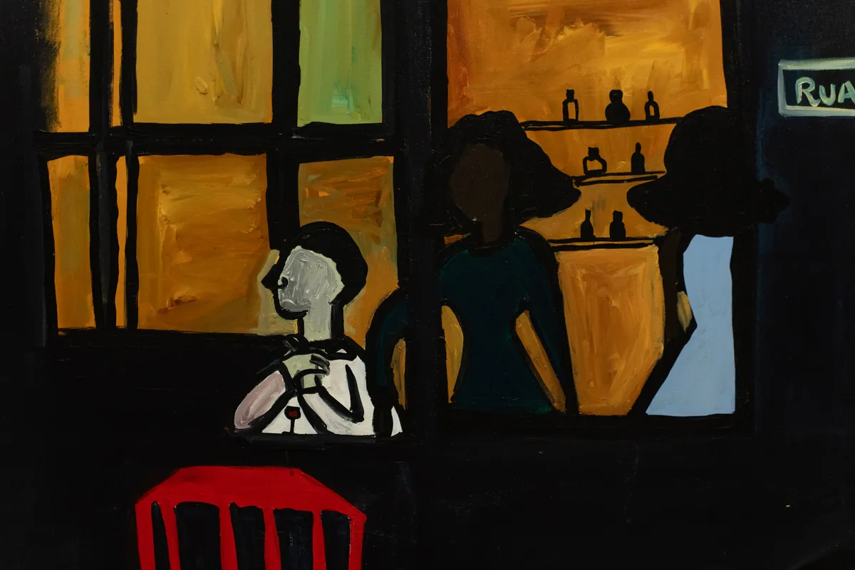 Detail of the lit window and the figures gathered at the bar