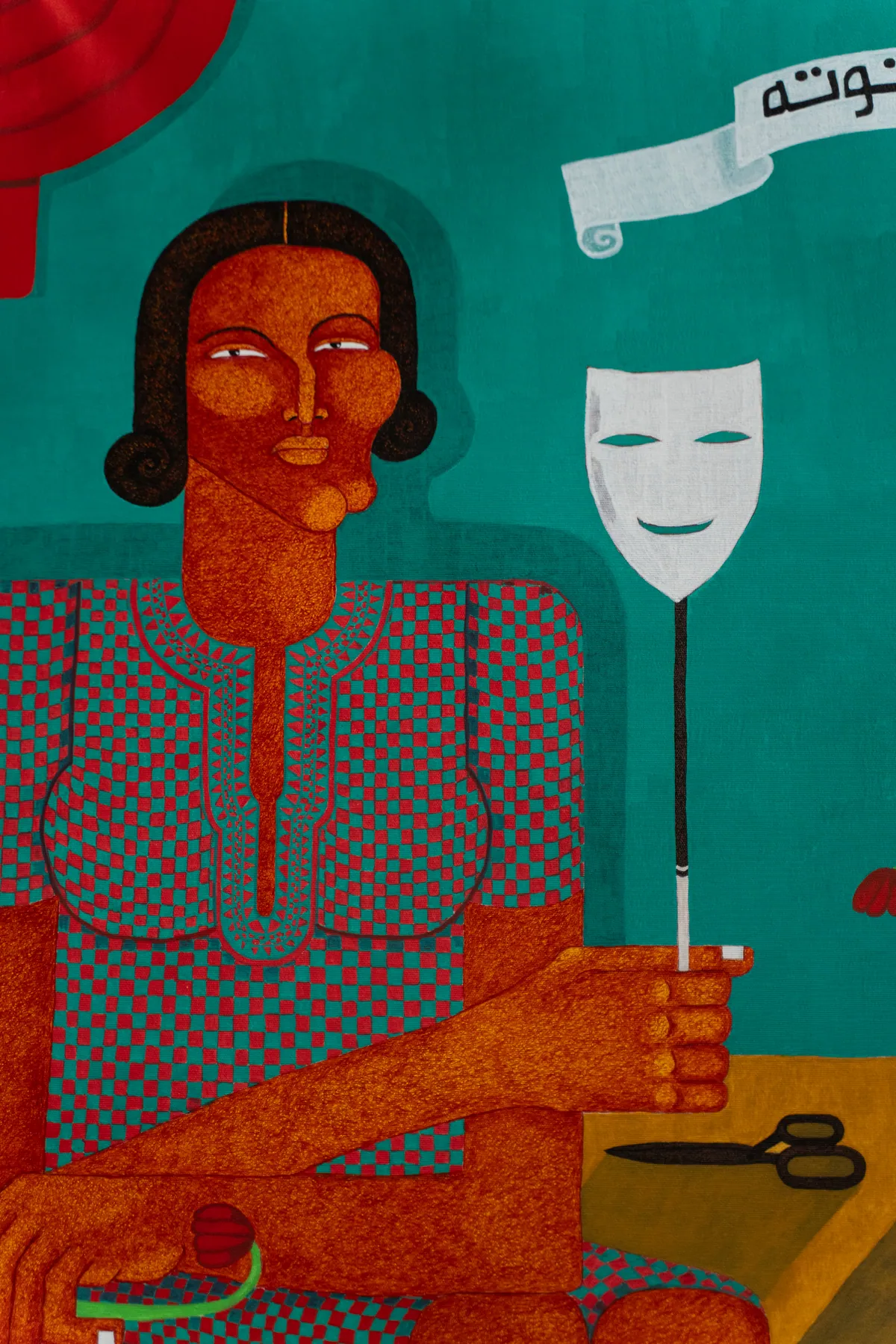 Detail of the seated woman and the suspended white mask